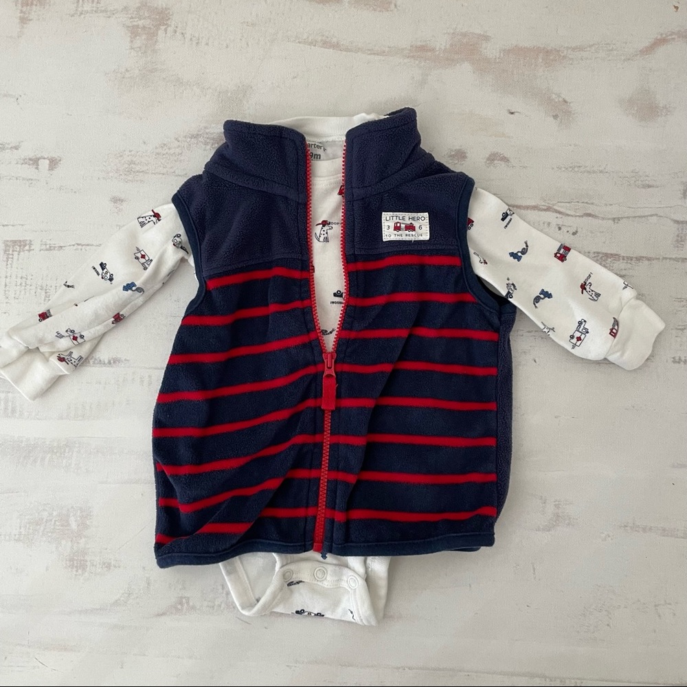 Firefighter onesie and fleece vest